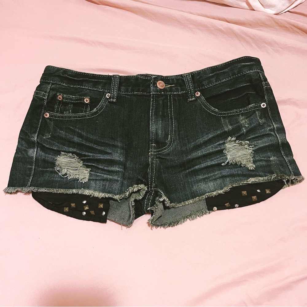 Distressed Dark Blue Jean Shorts with Studs